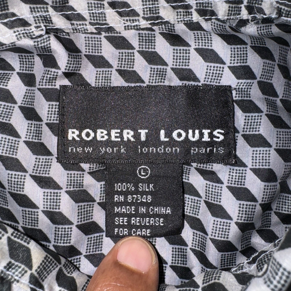 Robert Louis Men's Large Silk Button Up Casual Black Geometric Shirt Black Gray - Image 4 of 4