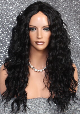 Human Hair Blend Wig Long Wavy Black Flat Iron Safe 22'' sca 1B