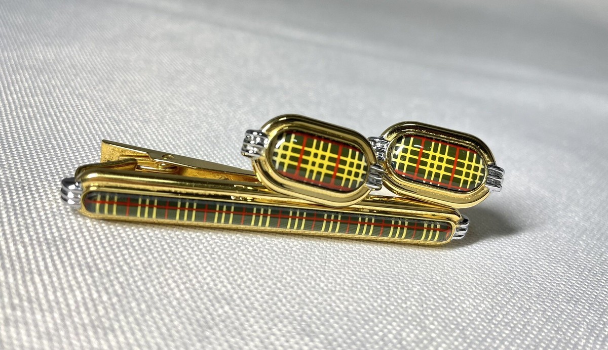 Auth [beautiful] Burberry Check Line Cufflinks Tie Pin Set