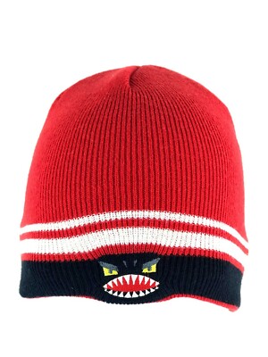 Red Beanie Stocking Cap Hat White and Black Stripes with Animated Shark Face