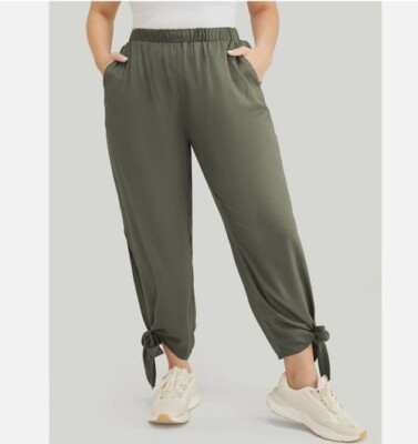 BLOOMCHIC Pants plus 2X 18 20 Green knotted split hem solid pockets pull on