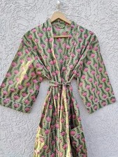 Indian Cotton Green Floral Kimono Sleepwear Bath Robe Night Maxi Gown Kimono
