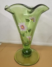 Rare 100 Year Fenton Green Glass Hand Painted Fluted Trumpet Vase Purple Flowers