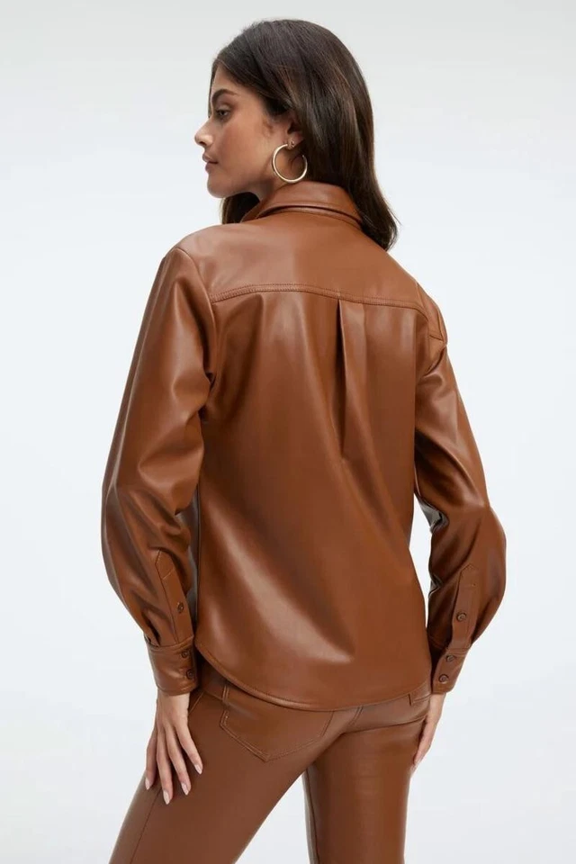 New Women Shirt Brown Formal Handmade Genuine Leather Lambskin Stylish Casual - Image 3 of 4