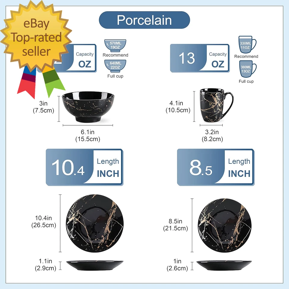 Наборы тарелок и чаш для 4, черные наборы столовой посуды 16 предметов золотой брызги глазурь ro - Изображение 3 из 4