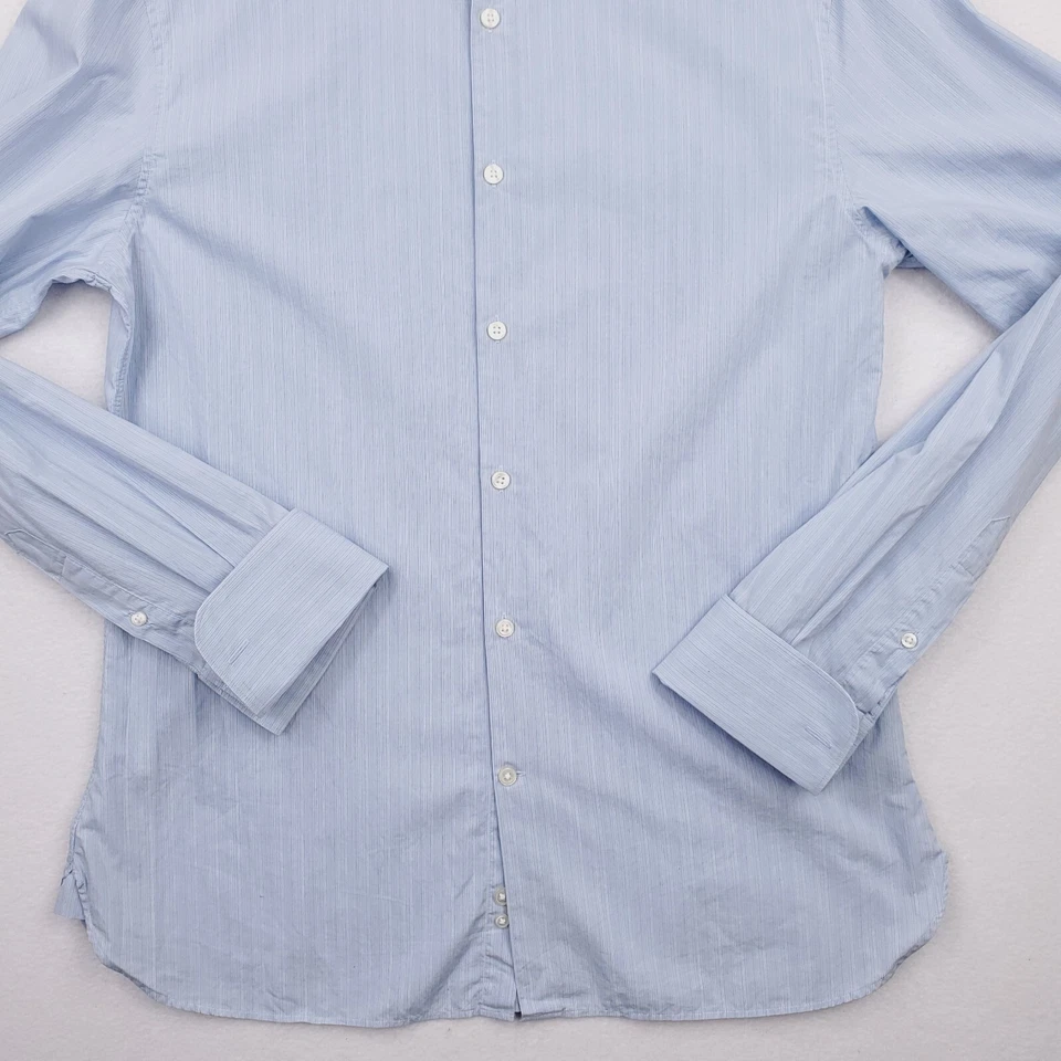 Camisa John Varvatos Para Hombres 15.5 Azul Rayas Abotonada Calce Ajustado Puño Francés Dardo Foto 2 de 4