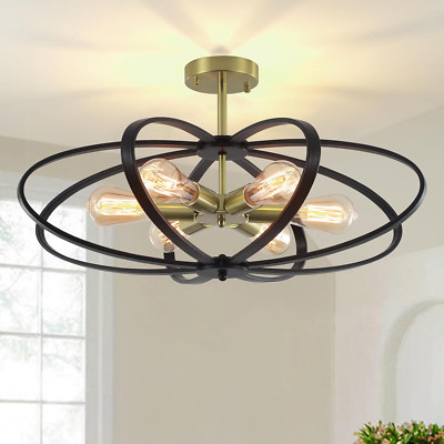 Black Gold 6-Light Flower Chandelier - 25'' Semi Flush Mount Ceiling Light