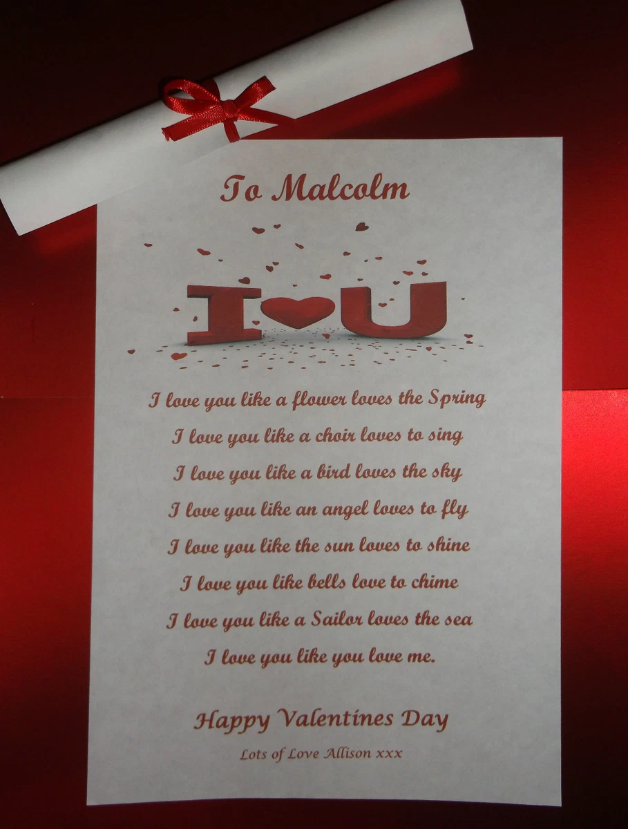 Valentine s Day Gift I Love You Poem For Her Him A4 Print