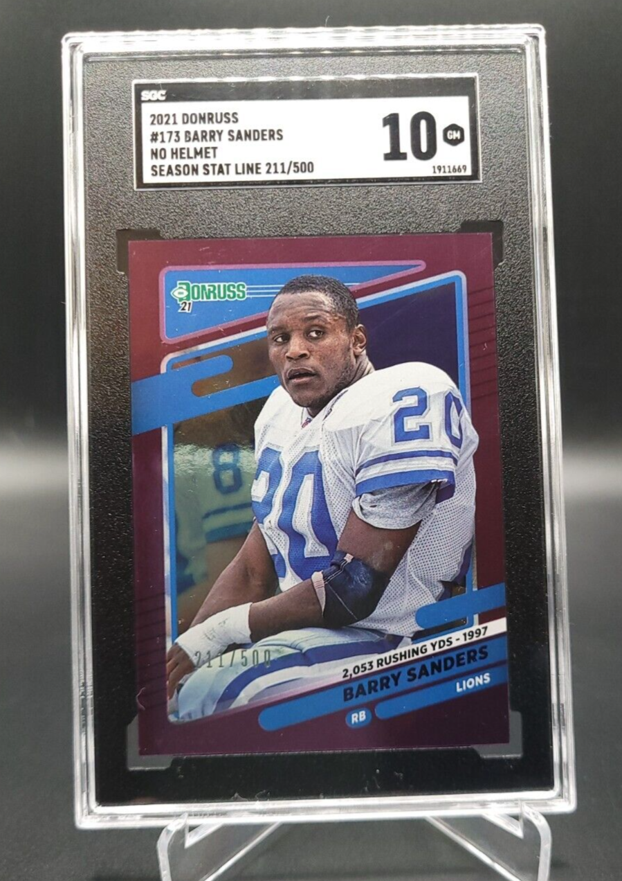 2021 Panini Donruss Barry Sanders No Helmet Season Stat Line /500 SGC 10 Lions