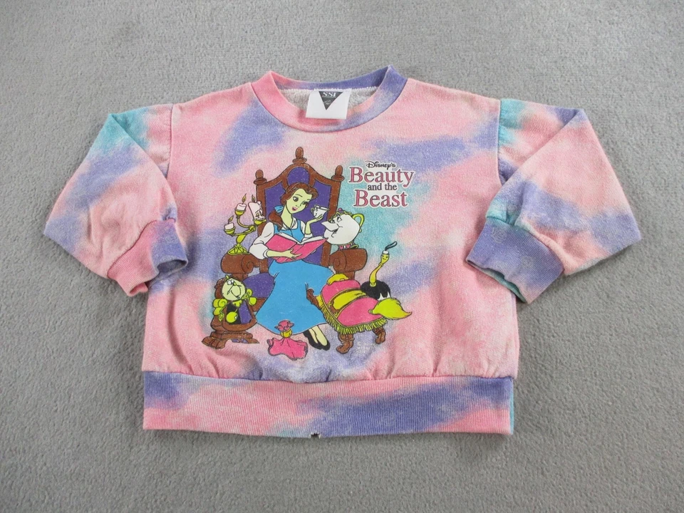 Vintage Disney Beauty And The Beast Sweatshirt Girls 4 Tie Dye Pastel USA 90s - Image 1 of 4