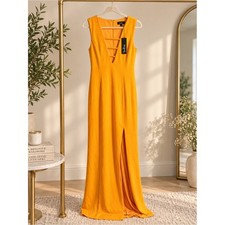 Lulus NWT Marigold Orange Strappy Plunge Maxi Dress Large Wedding IBD32288L