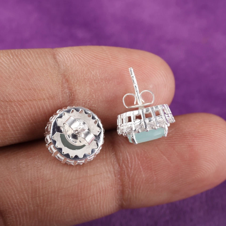 Piedras preciosas de calcedonia aguamarina 925 joyería circonita redonda tachuelas 0,46" Foto 3 de 4
