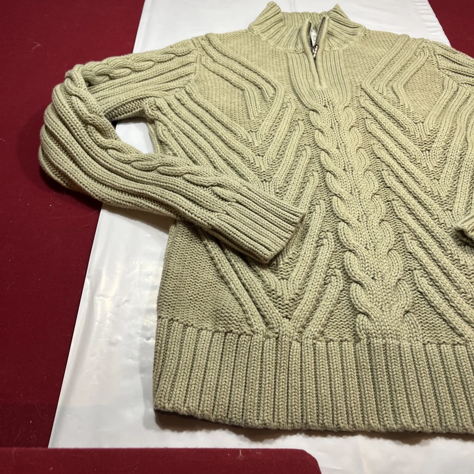 Cárdigan Suéter Leo Nicole Verde Salvia Tejido con Cable 1/4 Cremallera Cuello Simulado Algodón Grande Foto 3 de 4