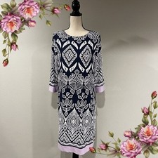 Geometrical print scoop neck shift 3/4 length sleeve dress