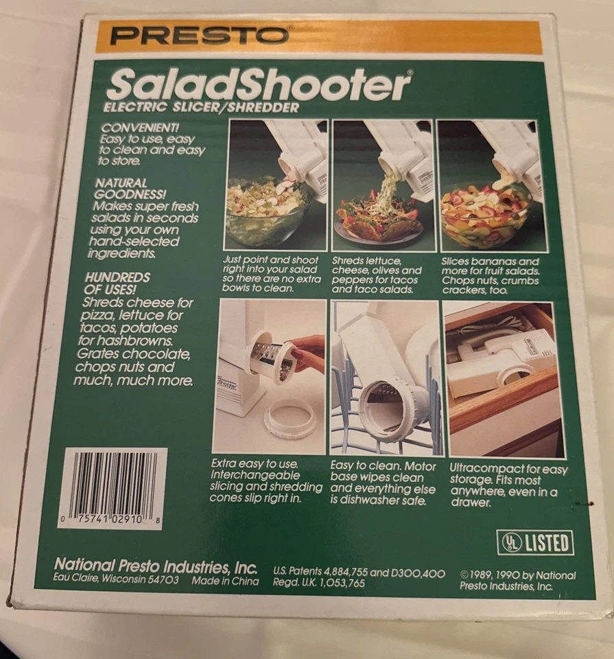 New! VINTAGE PRESTO SALAD SHOOTER ELECTRIC SLICER/SHREDDER - NEW - 1989 - Image 3 of 4