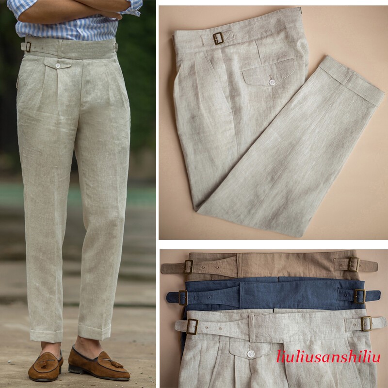 Mens Retro GURKHA Pants Casual Linen Pants Business Trousers Straight High Waist