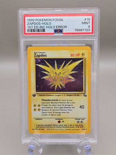 1999 Pokemon Fossil Zapdos-Holo 1st Ed-INC Holo ERROR - PSA 9 Mint