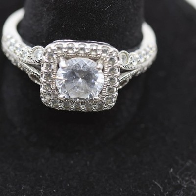 Vintage Sterling Silver Square Halo Ring CZ 925 Art Deco Style Milgrain Size 9
