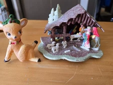 Vintage Mini Nativity Hard Plastic Manger And Reindeer Hong Kong Japan Mcm 1970s