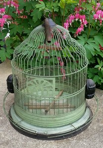 Antique Bird Cage Victorian Original Amethyst Glass Feeders Green