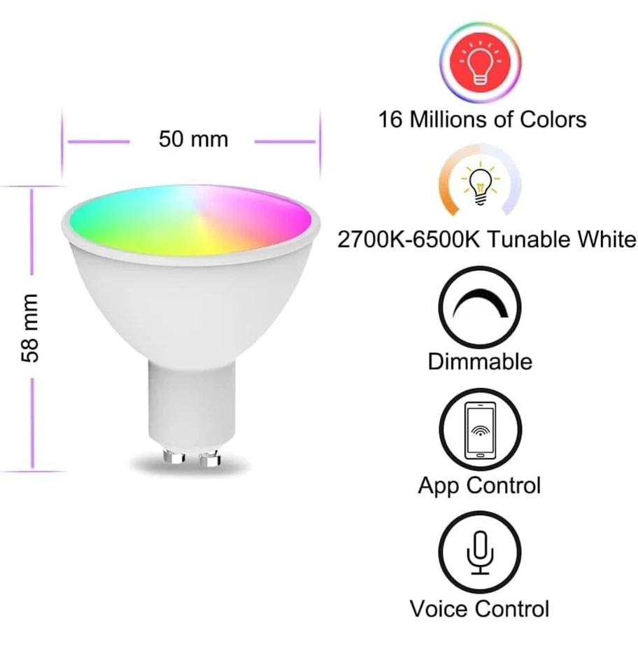 WIFI Smart Bulb GU10 RGB CCT Dimmable Lamp Alexa Google Home App Control UK X4 - Image 3 of 4