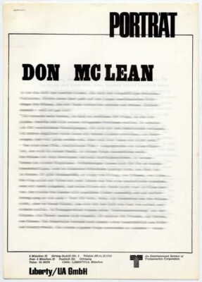 Don Mclean Portrait Liberty/UA Gmbh Press Kit circa 1973/4