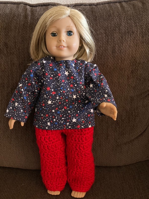 Navy Blue Stars Fabric Top and Red Crochet Pants Set for 18" Doll