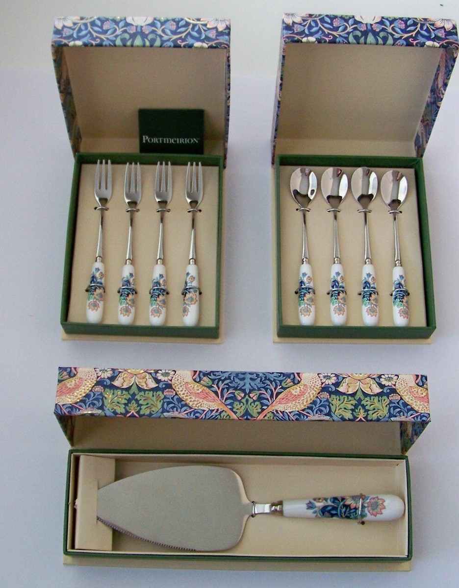 Spode Strawberry Thief Cake Slicer, Teaspoons Pastry Forks