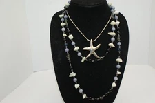 Silver Tone Door Knocker Earrings Gray & White Beaded Necklace Starfish Pendant