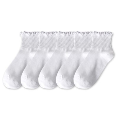 5 Pairs Solid Color Ankle Socks Black White Ruffle Cotton Socks for Women