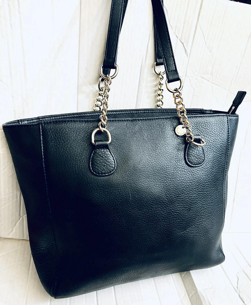 CELINE DION SHOULDER SHOPPING TOTE BAG BLACK PEBBLE LEATHER ZIP CHAIN STRAPS