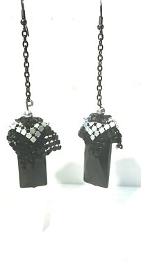 Vintage Retro Dangle Black And Silver Tone Metal Chain And Crystal Hook Earrings