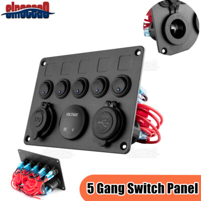 5Gang Blue LED Waterproof Rocker Switch Panel Breaker For Car Marine Boat RV 12V