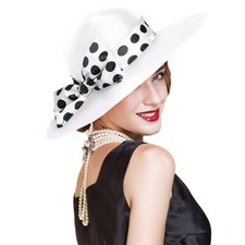 White Wide Brim Derby Hat For Women Wedding Party Hat Dots Bowknot Fedora Cap