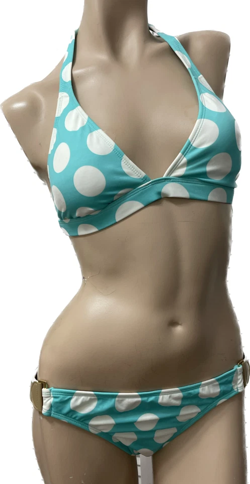 NUEVO CON ETIQUETAS $90 Radio Fiji 2 piezas Bikini GRANDE Blanco Lunares/Aqua Halter Top/Hipster Foto 2 de 4