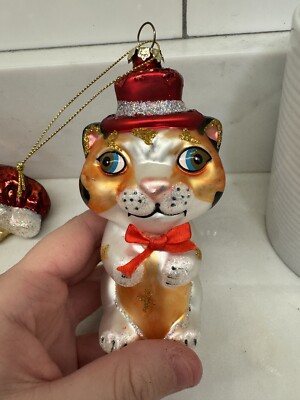 Christmas Ornament Cat Orange White Red Hat Bow Kitten Big Head Sparkly Holiday 