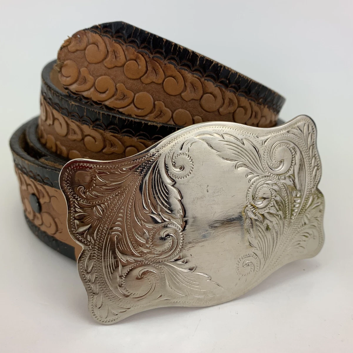 Vintage Western Leather Belt Men’s 40” Buckle 1960s 70s Tooled Made USA Patina