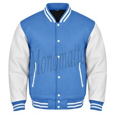 Bomber Varsity Letterman blu cielo lana vera pelle bianca maniche