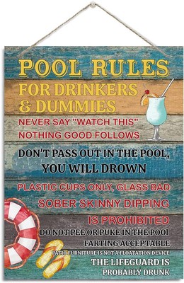Funny Pool Party Decor Pool Rules Funny Sign 8'' x 12'' Aluminum Metal Sign
