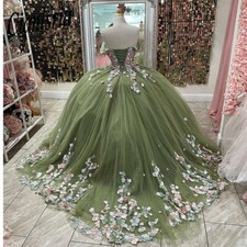 Sage Green Quinceanera Dresses V-Neck 3D Flower Sweet 15 16 Princess Ball Gown