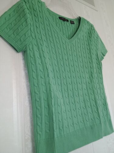 Jeanne Pierre Green Cable Knit Short Sleeve Sweater Size S 100% Cotton V-neck - Picture 2 of 8