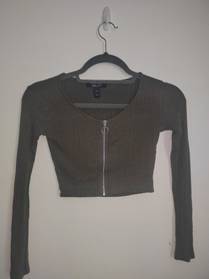 Long Sleeves Ring Zip Top New Look Army Green Long Sleeve Crop Top