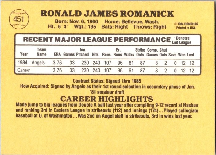 Ron Romanick 1985 Donruss #451 Rookie California Angels | eBay