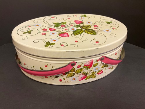 Vtg Tin Litho Box Basket Lid Swivel Handle Strawberry Sewing Lunch Storage Oval