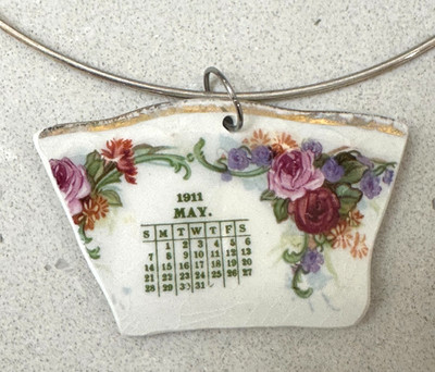 Handcrafted Broken China Pendant Necklace - Calendar - MAY 1911