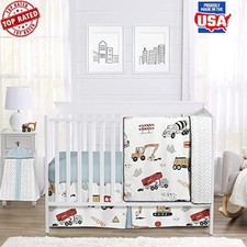 Construction Truck Baby Crib Bedding Set 4 Piece Microfiber Denim Nursery Decor