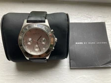 Marc By Marc Jacobs Silver Watch MBM1189 Black Leather Strap with Crystals