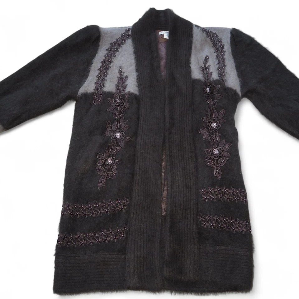 Cárdigan Suéter Naomi Korea Vintage Angora Lux Cuentas Marrón/Gris Para Mujer SS Foto 3 de 4