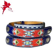 VINTAGE V ENTERPRISES Double Buckle Leather Aztec Pattern Beaded Belt