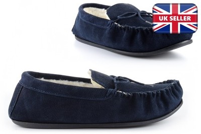 Herren Mokassin Hausschuhe Echt Wildleder Pantoffeln Warm Wollmix Echtleder Wildleder